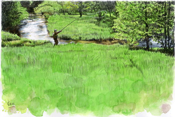 水のある風景 トレース水彩画